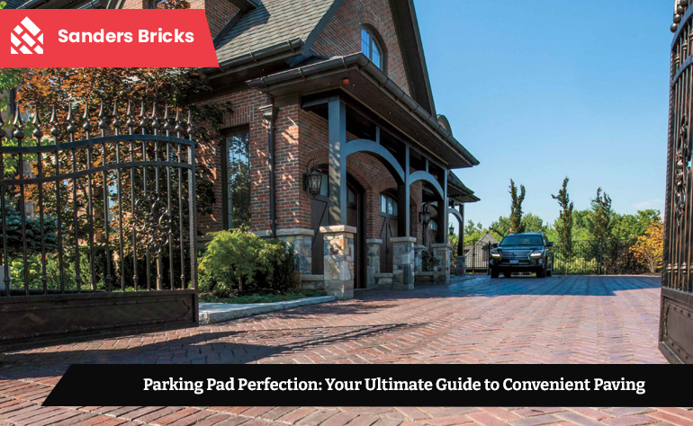 Brick paved parking pad with a car parked, showcasing a clean design